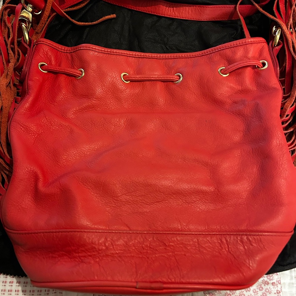 Pietro NYC 1982 Red Italian Leather Bucket Fringe Handbag Purse